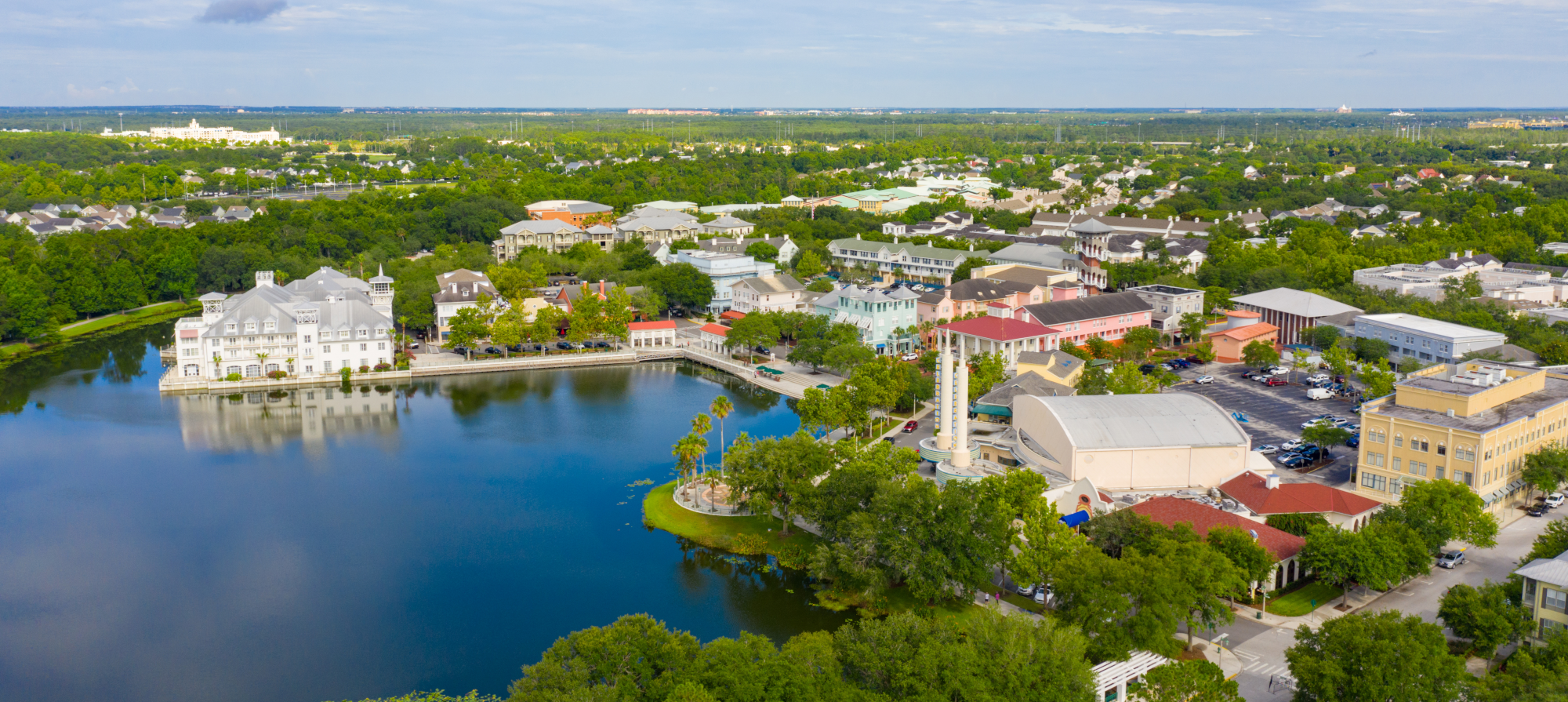 arial image of lake and community of Celebration, Florida